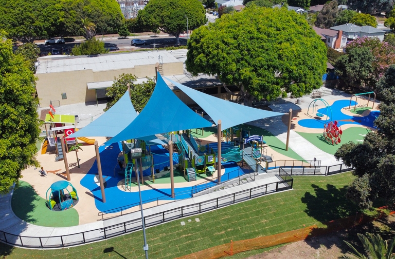 blue rubber playground safety surface at marine park, santa monica