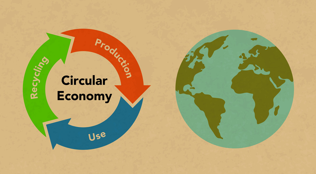 Circular economy recycling figures and Earth, Kraft paper texture background