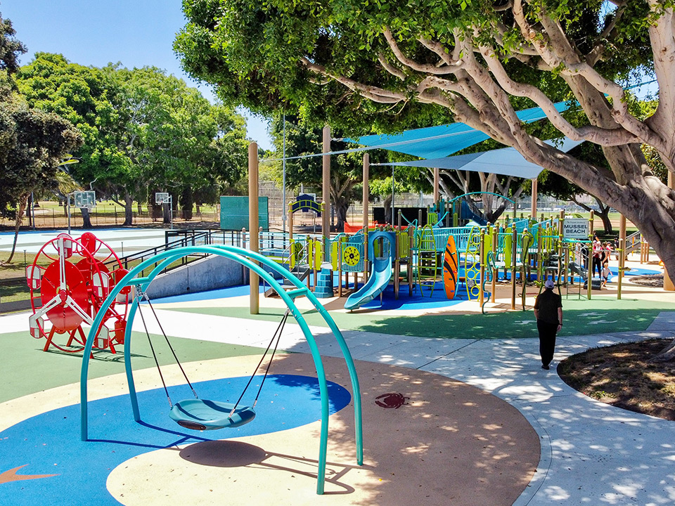 rubber safety outdoor playground surface at marine park, santa monica