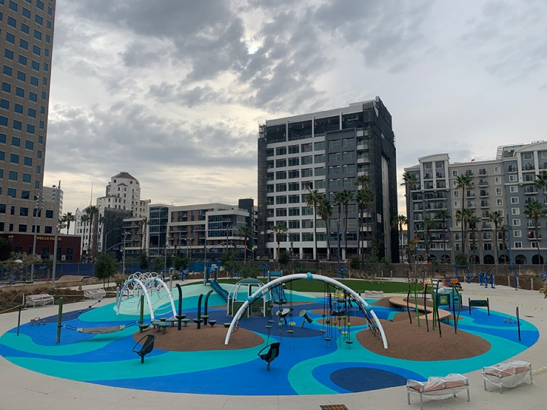 blue and teal rubber playground surface lincoln park, long beach